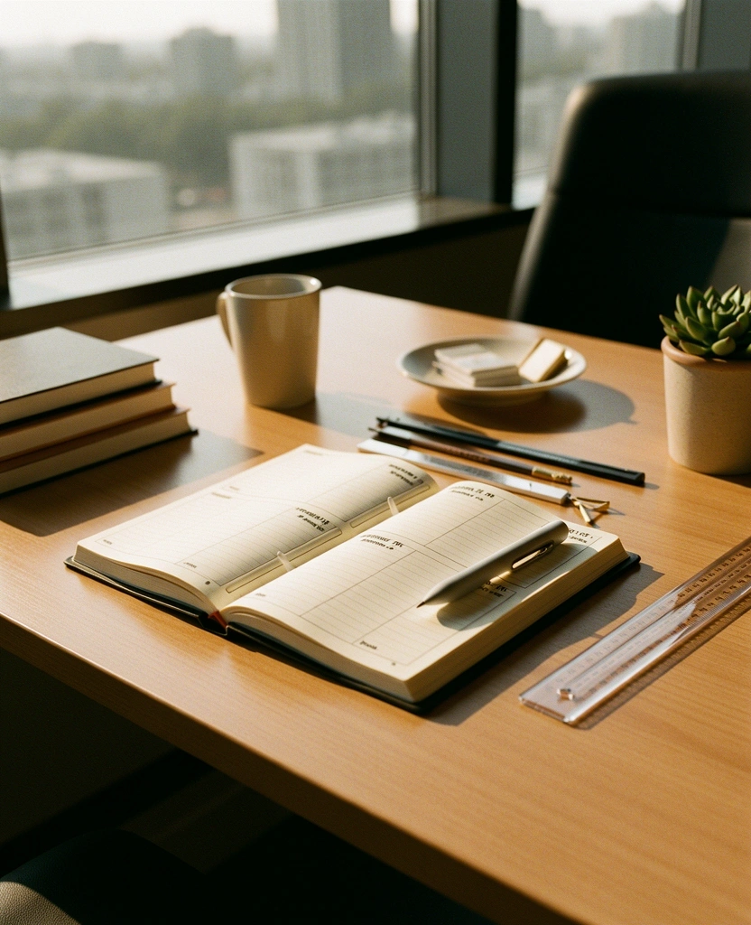 Structured research methodology visualized through stationery.