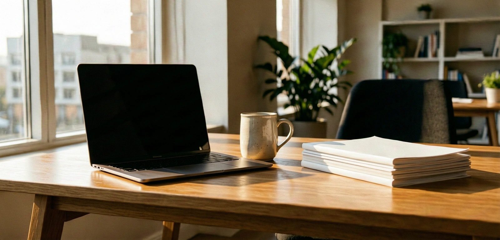 A calm, professional workspace in the morning light